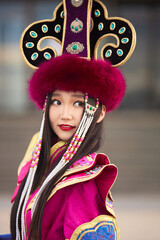 Mongolian girl wearing traditional costume of Mongolian Bryat tribe