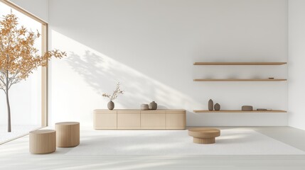 Modern minimalist interior design with natural elements.