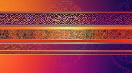 Horizontal metallic, lattice, mesh, and mandala pattern stripes set against a dynamic orange and purple gradient background.