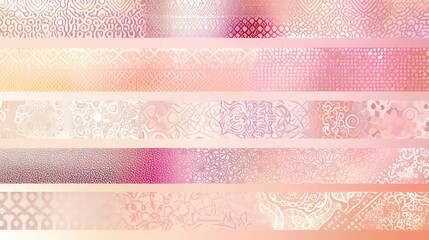 Obraz premium Horizontal stripes alternating metallic, lattice, mesh, and mandala patterns on a gradient background of soft pink and peach hues.