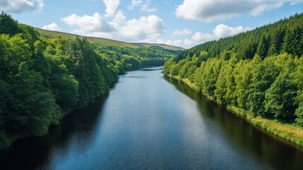 Fototapeta premium Serene River Flowing Through Lush Green Forests Under Bright Blue Sky