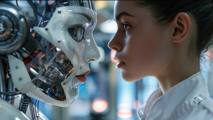 Fototapeta premium Close-up of a human and robot face in an intense stare, symbolizing the connection between humanity and artificial intelligence. Copy space