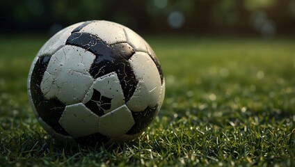 Fototapeta premium close up photo of black and white soccer ball on grass field