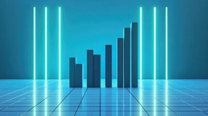 D bar graph with matte bars in shades of blue and gray, placed on a glossy grid floor with ambient lighting, conveying data visualization