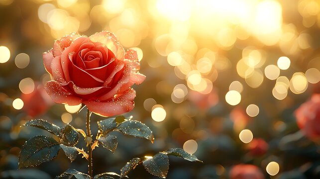 Dew-kissed rose in sunset garden, bokeh background.