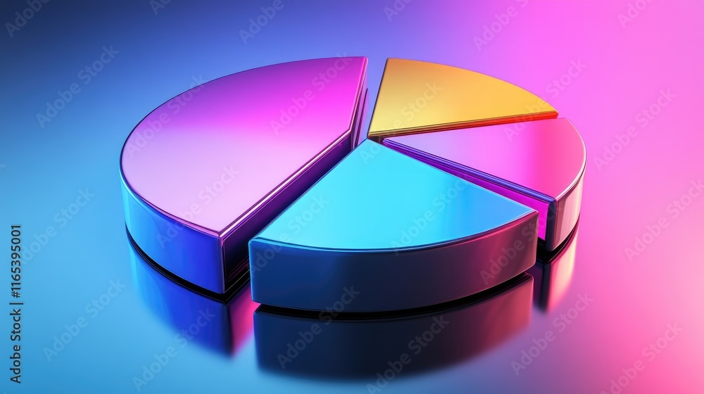 Poster d pie chart with bold, metallic segments on a reflective surface, illustrating data allocation and f