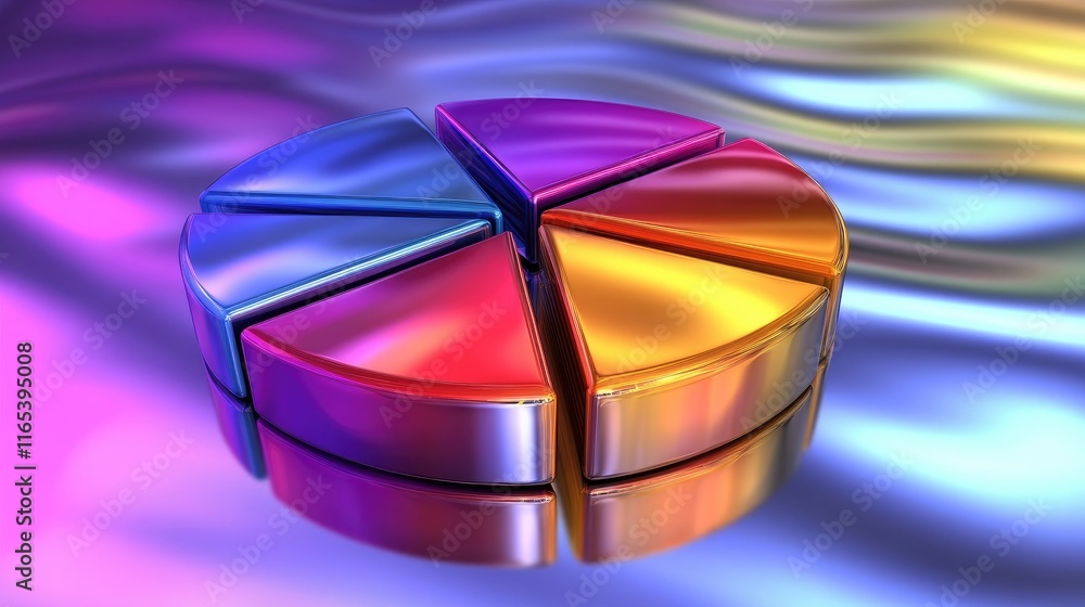 Poster d pie chart with bold, metallic segments on a reflective surface, illustrating data allocation and f