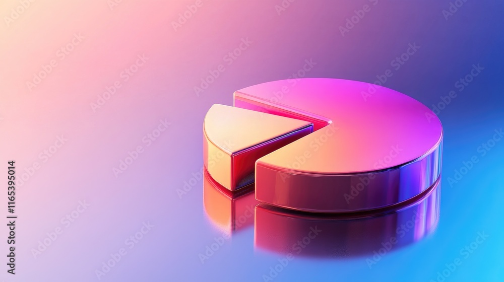 Poster d pie chart with polished segments in gradient colors, standing on a reflective base, representing d
