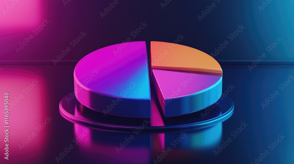 Poster d pie chart with polished segments in gradient colors, standing on a reflective base, representing d