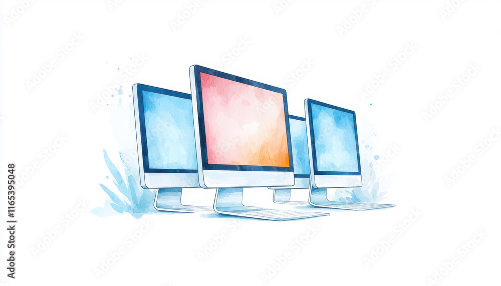 Poster three colorful computer screens in virtual classroom setting create vibrant learning atmosphere. des