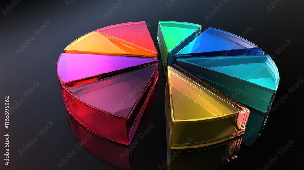 Poster d pie chart with transparent slices in vivid colors, arranged on a dark surface with subtle reflecti