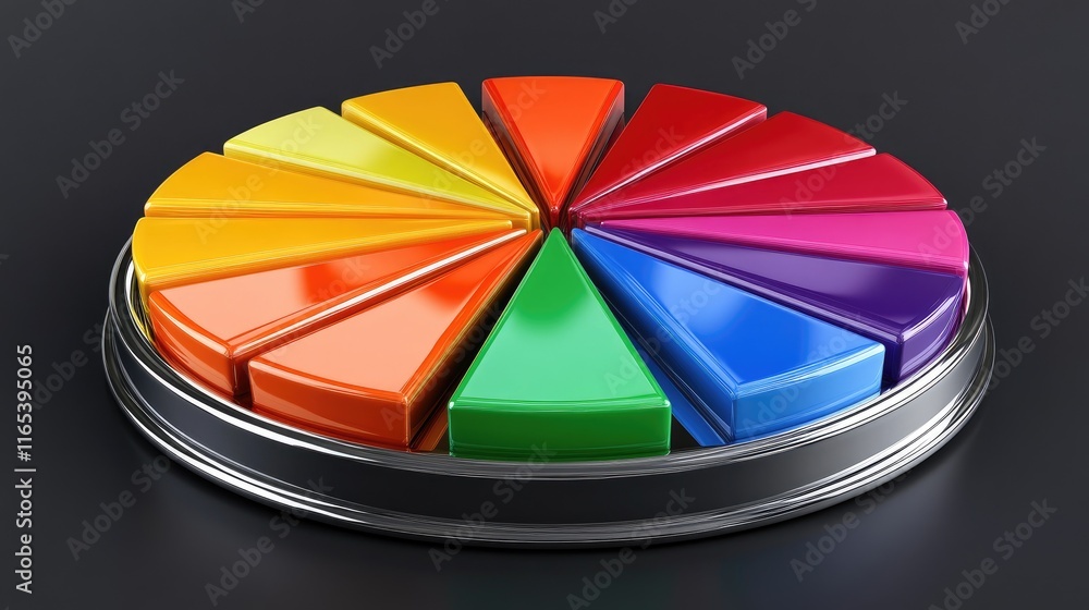 Poster d pie chart with polished segments in gradient colors, standing on a reflective base, representing d