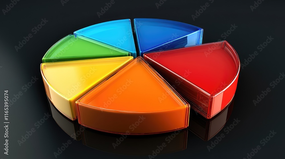 Poster d pie chart with transparent slices in vivid colors, arranged on a dark surface with subtle reflecti