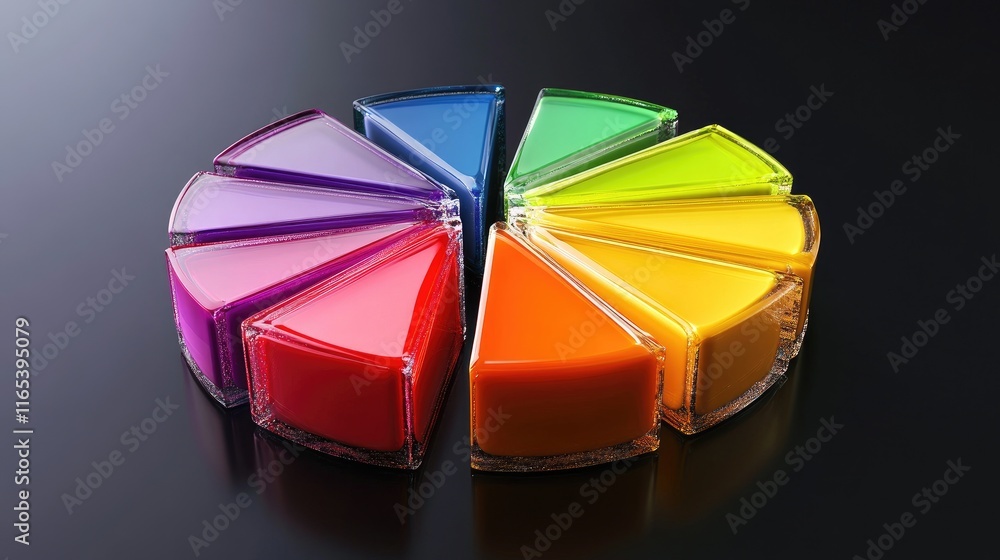 Poster d pie chart with transparent slices in vivid colors, arranged on a dark surface with subtle reflecti