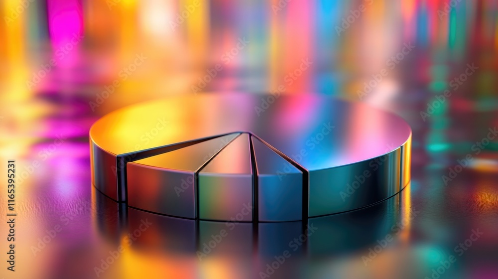 Poster abstract d pie chart with metallic segments in various shades, placed on a glossy background with dy