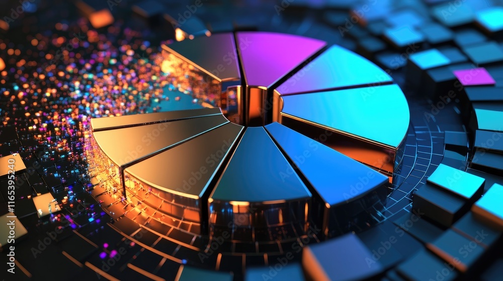 Poster abstract d pie chart with metallic segments in various shades, placed on a glossy background with dy