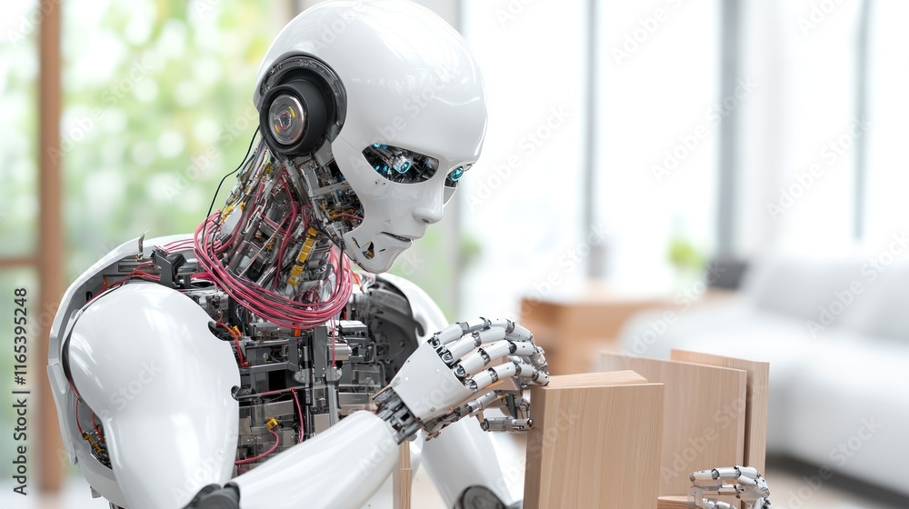 Poster a humanoid robot interacting with wooden blocks in a modern setting.