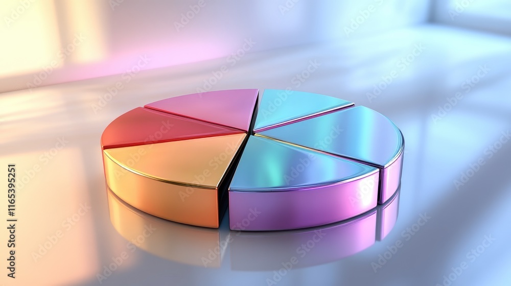 Poster abstract d pie chart with metallic segments in various shades, placed on a glossy background with dy