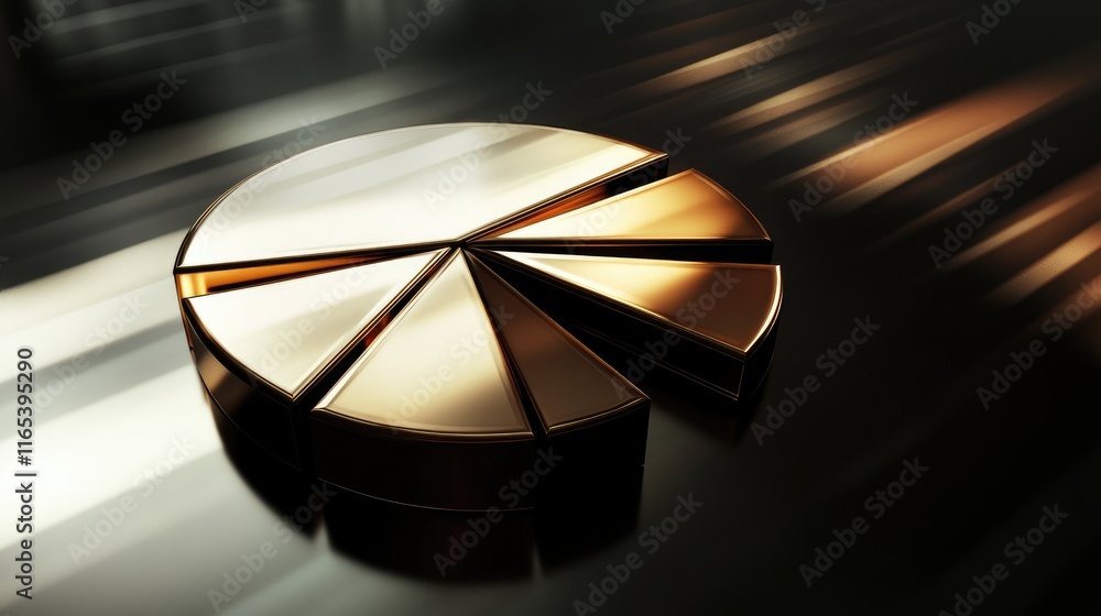 Poster abstract d pie chart with metallic segments in various shades, placed on a glossy background with dy