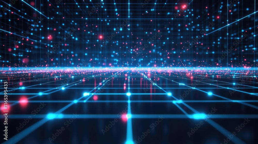 Poster abstract line graph with glowing lines and data points on a blue and black gradient background, repr