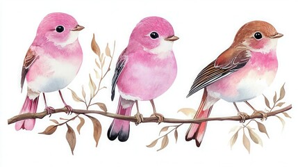 Fototapeta premium Pink Robin illustration watercolor set