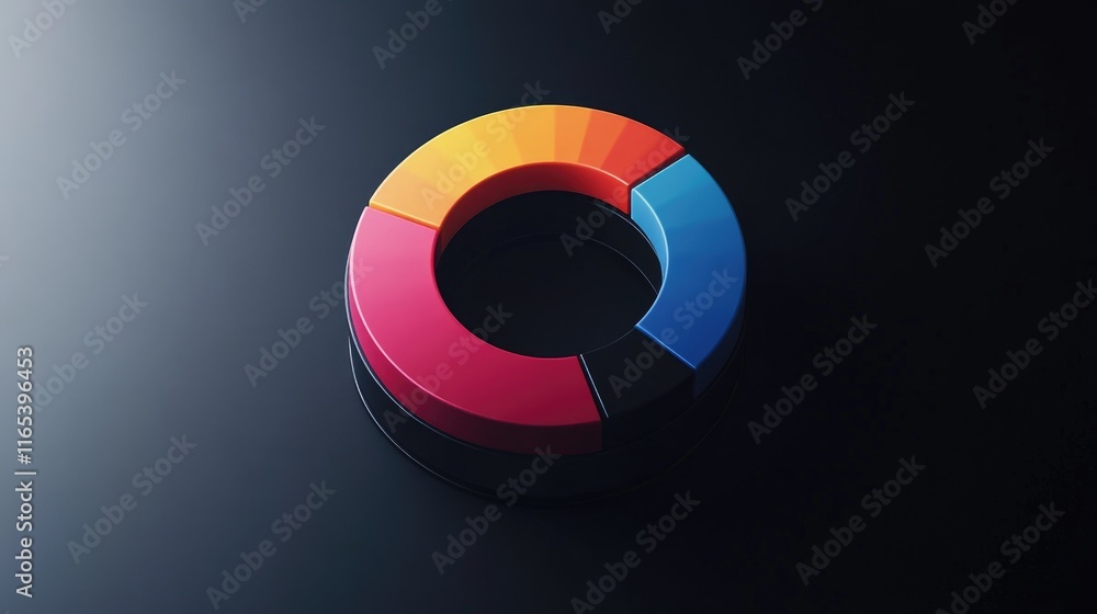 Poster a d donut chart with vivid color segments spinning in space, showcasing data insights, against a min