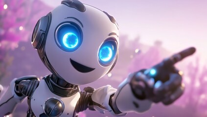 Fototapeta premium Cute White Robot with Blue Glowing Eyes Pointing and Smiling at You