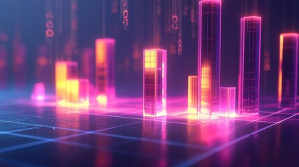 Fototapeta premium A D bar chart with metallic, glowing bars of varying heights, representing financial performance, displayed on a modern grid surface with floating numbers.