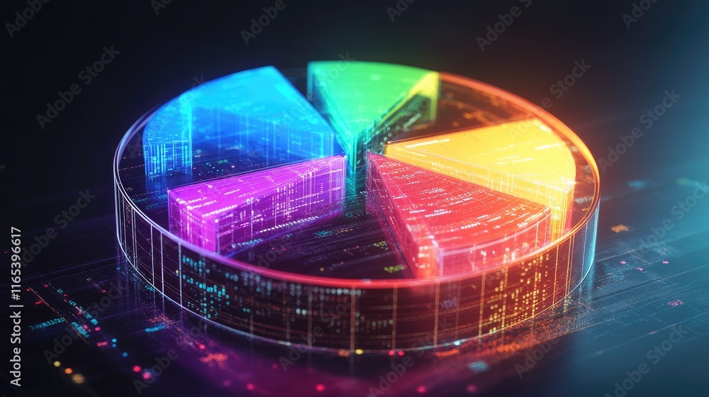 Poster a d exploded pie chart with each segment floating apart from the center, vividly colored and illumin