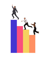 Poster. Contemporary art collage. Three people climbing graph-like shapes, symbolizing progress, goal achievement, and competitive spirit in professional life. Concept of business management, data. Ad