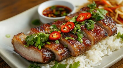 A beautifully plated dish of deep-fried pork belly topped with fresh herbs and sliced chili, served with a side of dipping sauce and steamed rice
