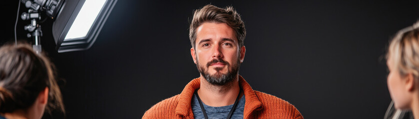 Fototapeta premium man with beard wearing orange sweater poses for photo during workshop, surrounded by two people. lighting creates dramatic effect, enhancing atmosphere