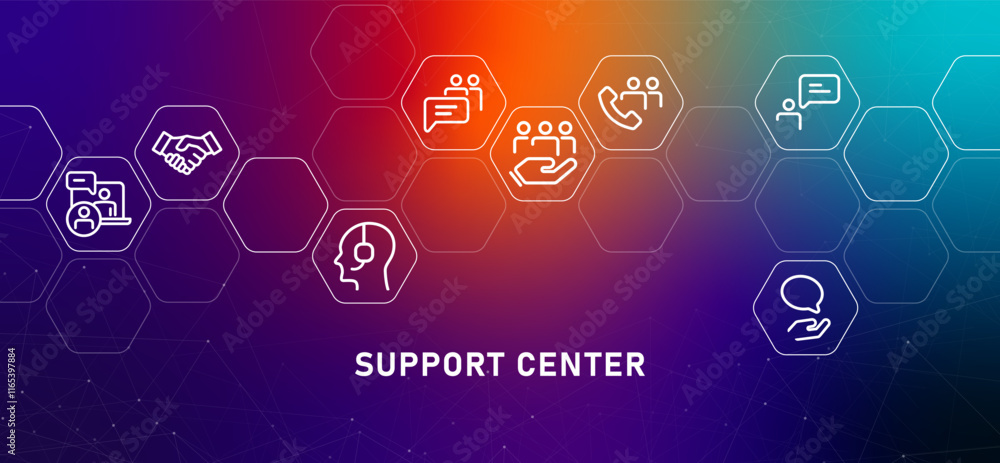 Poster support center gradient header help desk information guidance customer service hotline call m assist