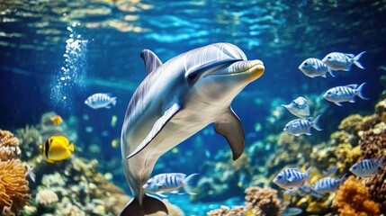 Fototapeta premium A breathtaking underwater shot capturing a dolphin swimming alongside a school of fish, emphasizing the harmony of marine life in its natural habitat