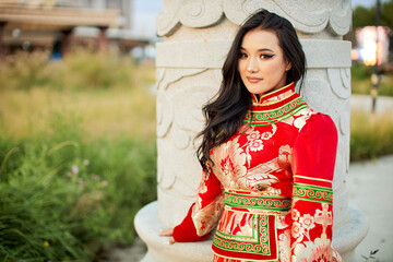 Mongolian girl wearing traditional costume of the Mongolian Ordos tribe