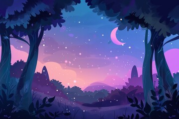 Naklejka premium A Nighttime Forest Landscape with a Crescent Moon and Stars