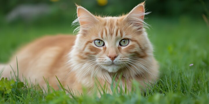 A cat is laying in the grass with its eyes closed. The cat is orange and has green eyes