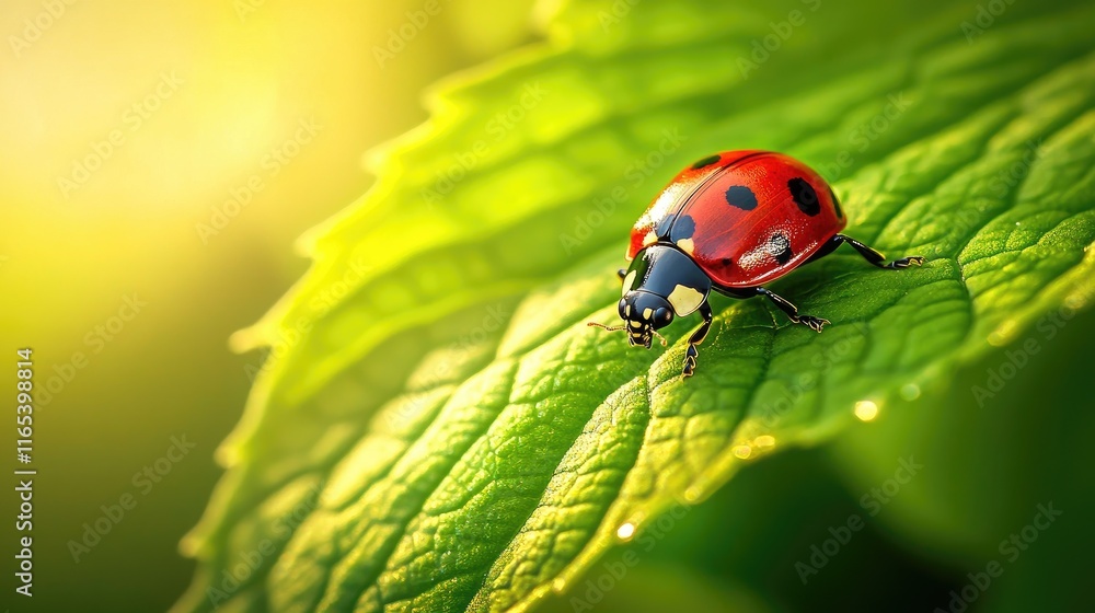 Poster a close-up of a vibrant green leaf with a tiny ladybug crawling across its surface, the sunlight cre