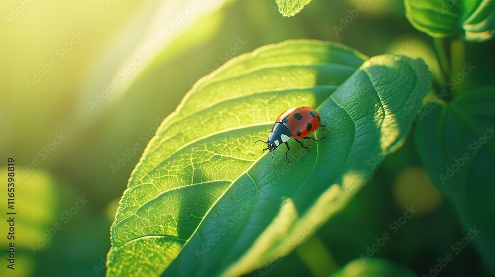 Poster a close-up of a vibrant green leaf with a tiny ladybug crawling across its surface, the sunlight cre