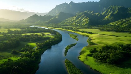 Obraz premium A breathtaking aerial view of a lush forest with a river winding through it.GENERATVE AI