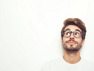Obraz premium A young man with glasses gazes thoughtfully upwards against a plain background.