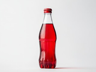 A glass bottle filled with a vibrant red beverage, showcasing condensation on its surface.