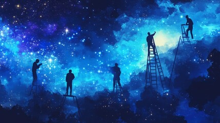 Silhouettes of people reaching for the stars on ladders against a vibrant watercolor galaxy.