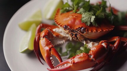 A close-up shot of freshly steamed crab, known as , showcasing its bright orange shell and succulent meat, garnished with lime wedges and fresh herbs on a white plate.