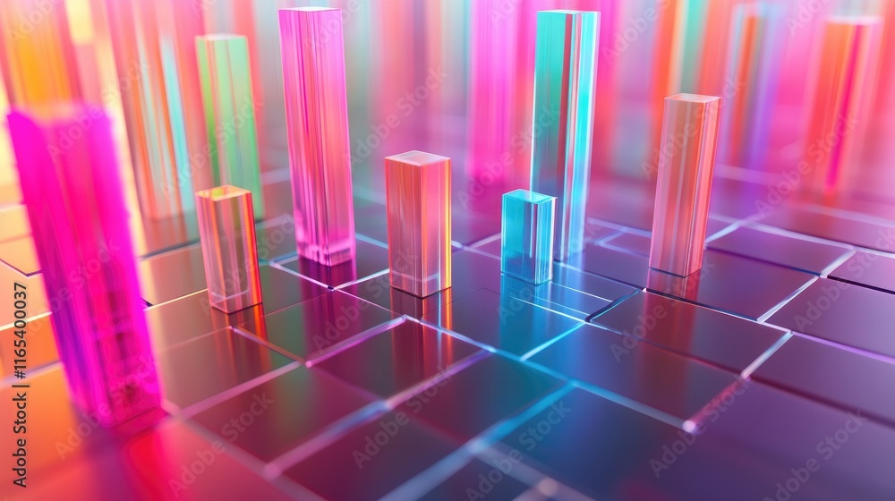 Poster a colorful d bar graph with transparent bars rising from a digital grid, representing stock market d
