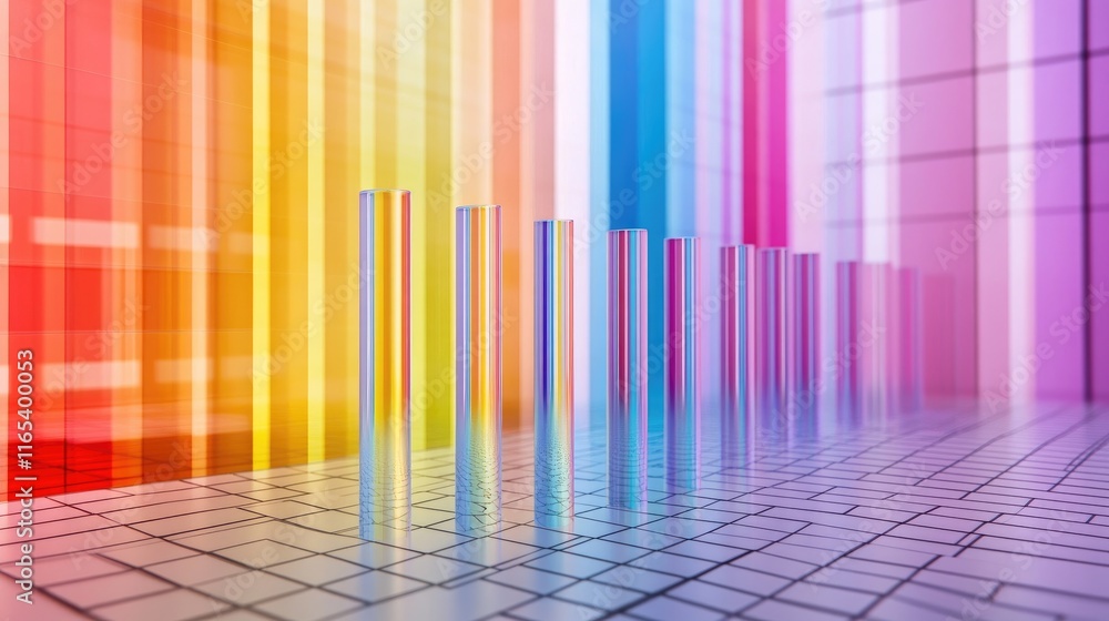Poster a colorful d bar graph with transparent bars rising from a digital grid, representing stock market d