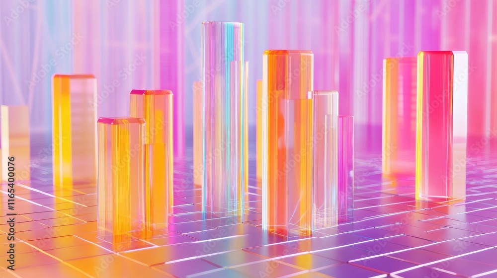 Poster a colorful d bar graph with transparent bars rising from a digital grid, representing stock market d