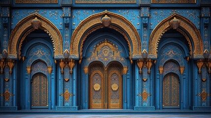 Obraz premium Ornate blue palace entrance with golden arches and doors.