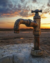 Global warming concept A rusty faucet leaking water on a barren, cracked earth landscape under a hot, cloudless sky