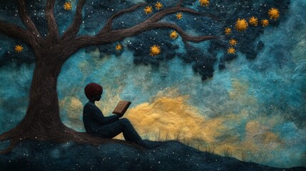 Fototapeta premium Young person sits under a tree at night, reading a book. Peaceful, starry scene.